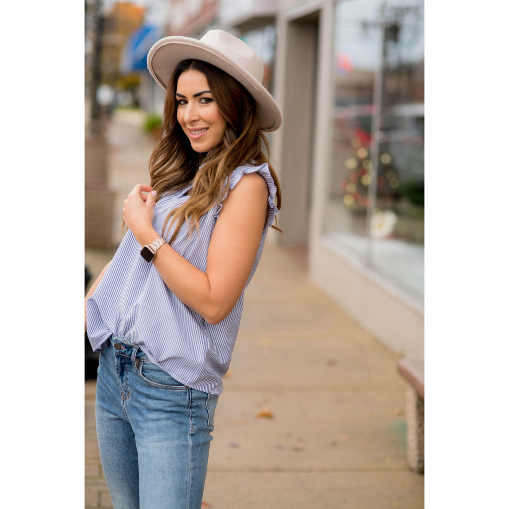 Vertical Striped Button Accented Ruffle Tank - Betsey's Boutique Shop