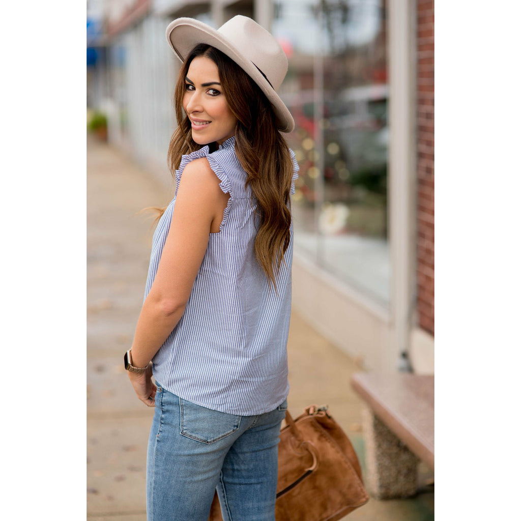 Vertical Striped Button Accented Ruffle Tank - Betsey's Boutique Shop