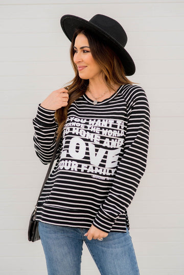 Love Your Family Striped Graphic Sweatshirt - Betsey's Boutique Shop -