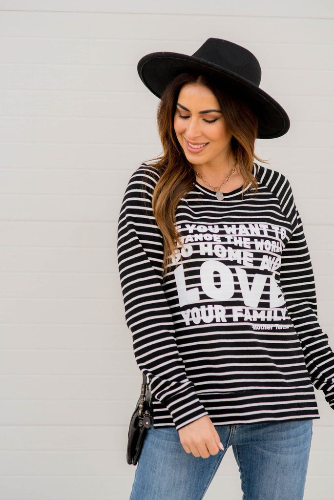 Love Your Family Striped Graphic Sweatshirt - Betsey's Boutique Shop -