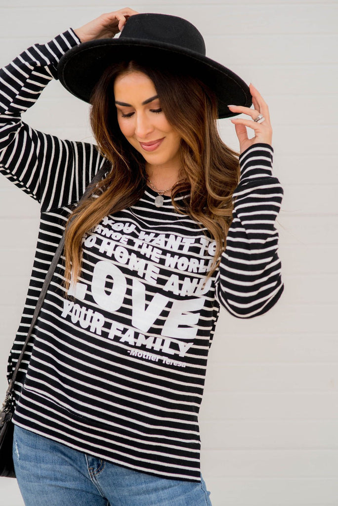 Love Your Family Striped Graphic Sweatshirt - Betsey's Boutique Shop -