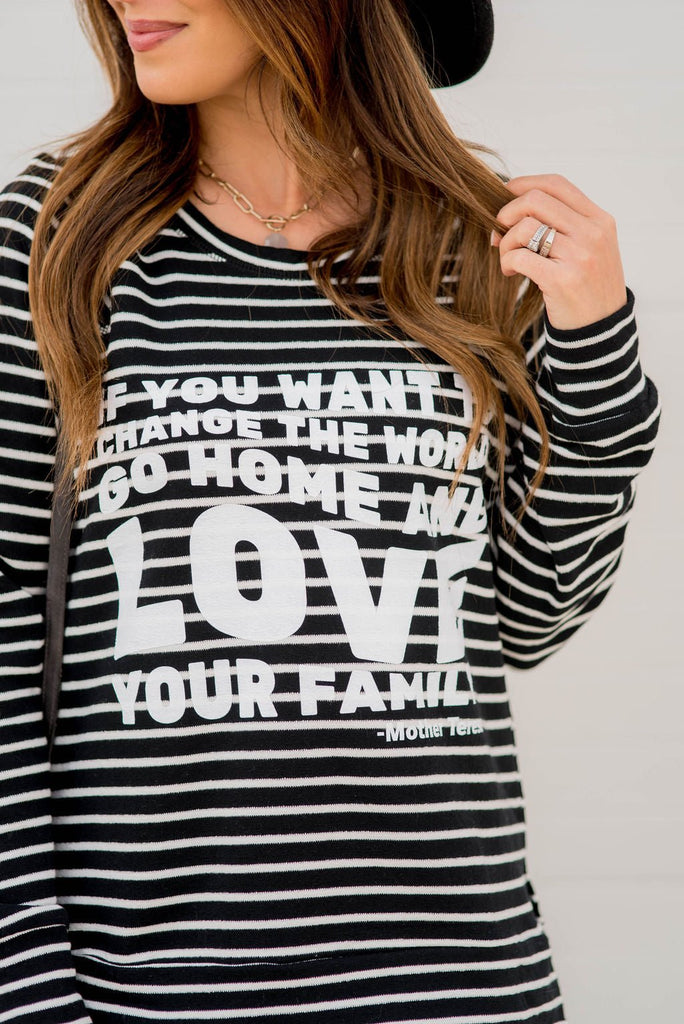 Love Your Family Striped Graphic Sweatshirt - Betsey's Boutique Shop -