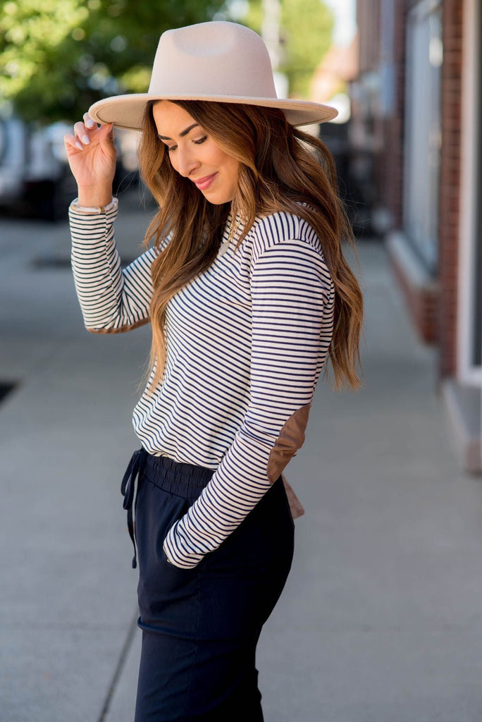 Striped Elbow Patch Long Sleeve Tee - Betsey's Boutique Shop