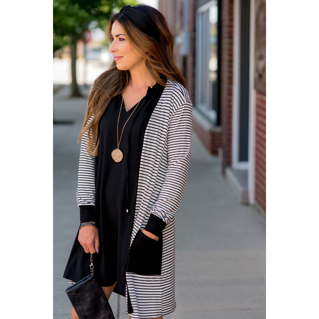 Thin Striped Solid Accent Tunic Cardigan - Betsey's Boutique Shop - Coats & Jackets