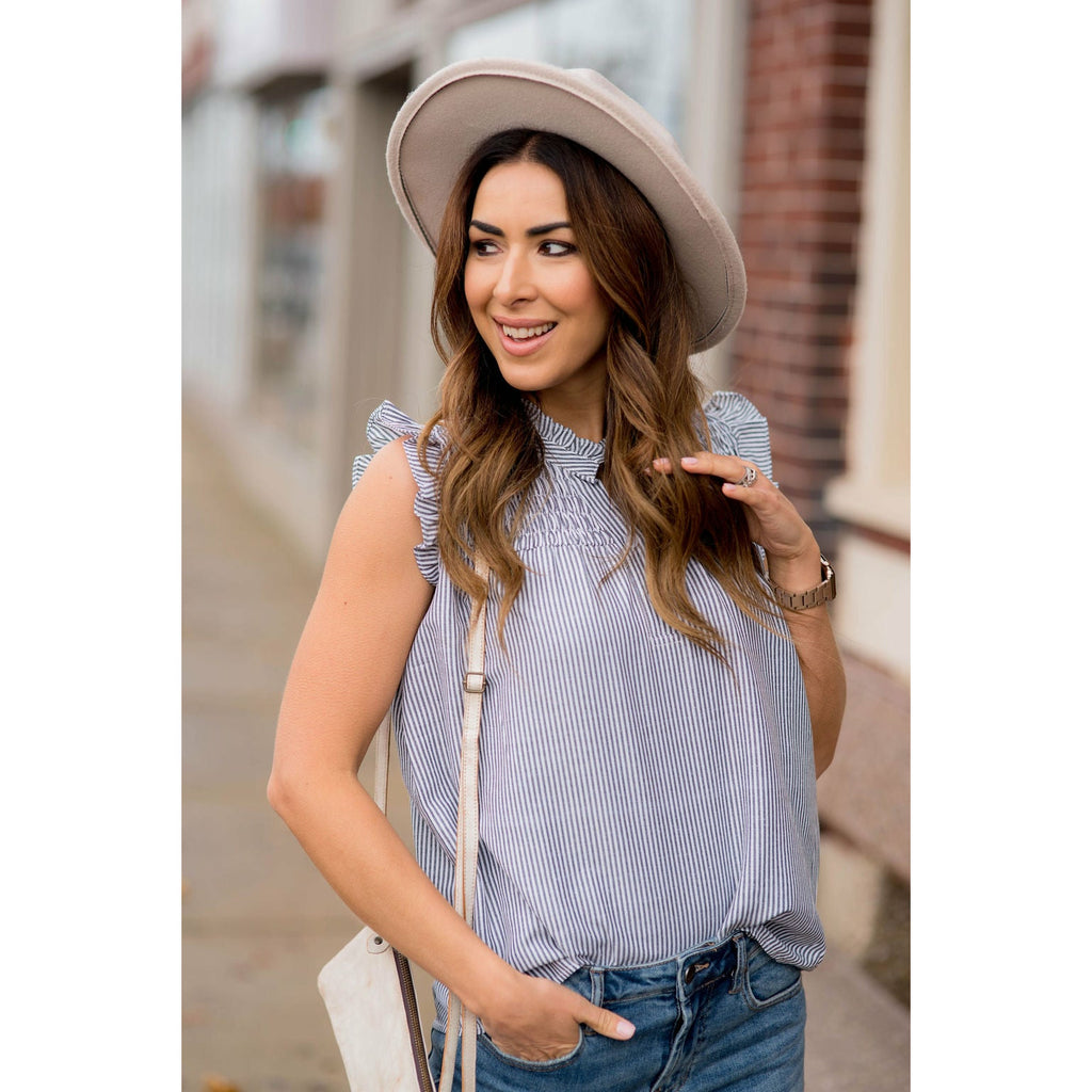 Vertical Striped Button Accented Ruffle Tank - Betsey's Boutique Shop