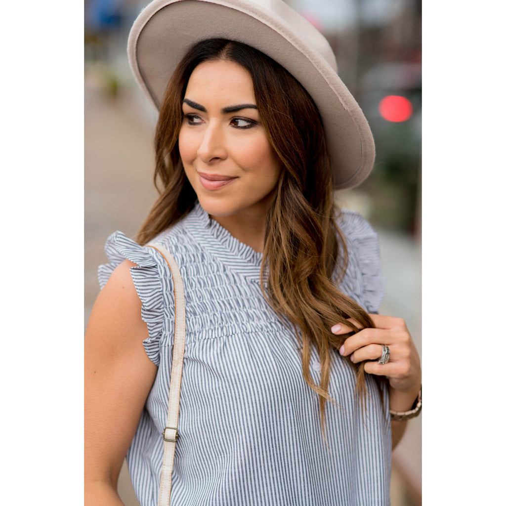 Vertical Striped Button Accented Ruffle Tank - Betsey's Boutique Shop