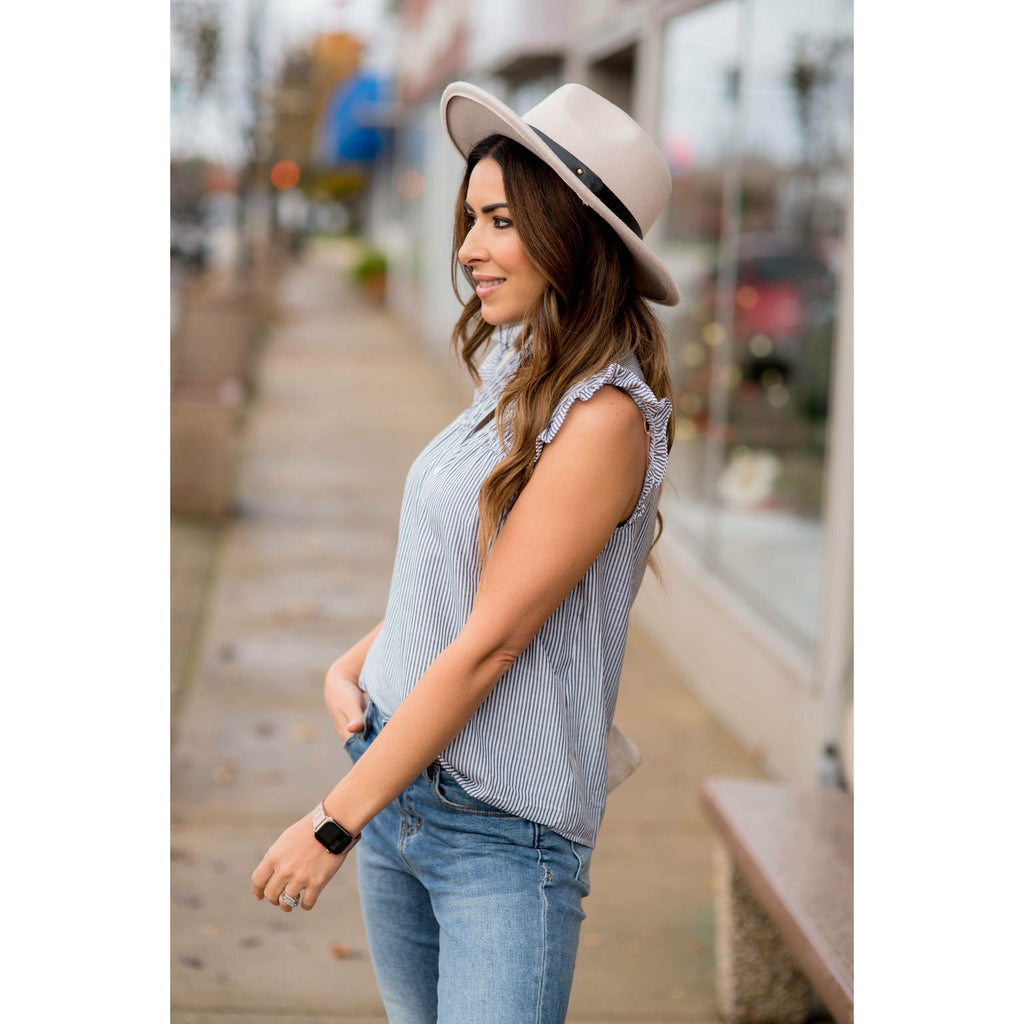 Vertical Striped Button Accented Ruffle Tank - Betsey's Boutique Shop