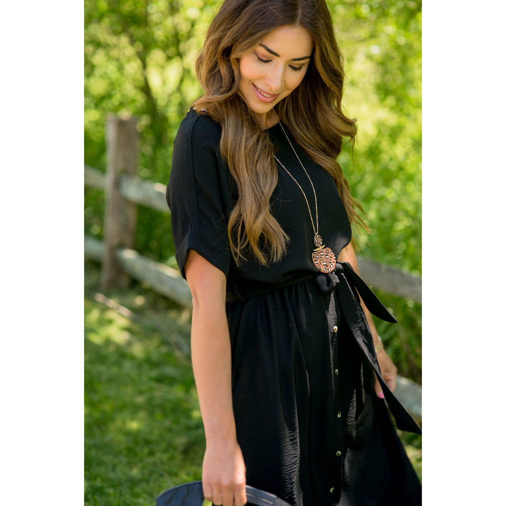 Cuffed Sleeve Tie Button Dress - Betsey's Boutique Shop