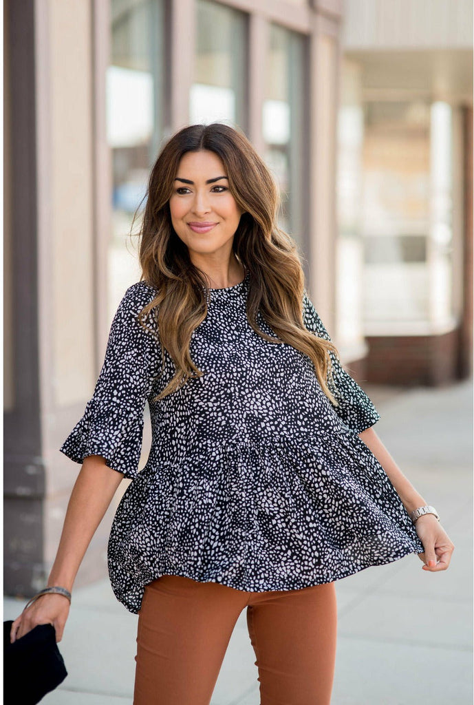 3/4 Bell Sleeve Printed Peplum Blouse - Betsey's Boutique Shop - Shirts & Tops