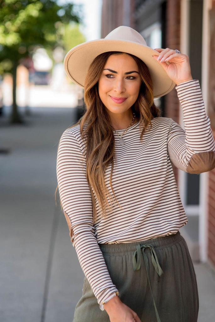 Striped Elbow Patch Long Sleeve Tee - Betsey's Boutique Shop