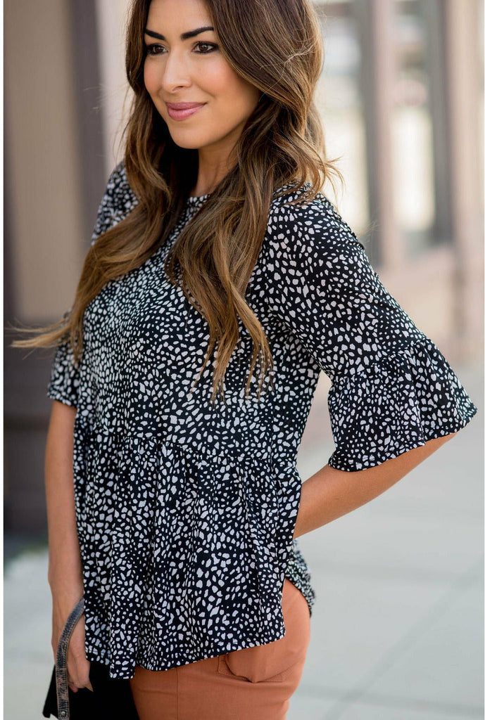 3/4 Bell Sleeve Printed Peplum Blouse - Betsey's Boutique Shop