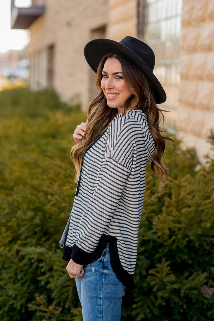 Striped Solid Trimmed Hoodie - Betsey's Boutique Shop - Shirts & Tops