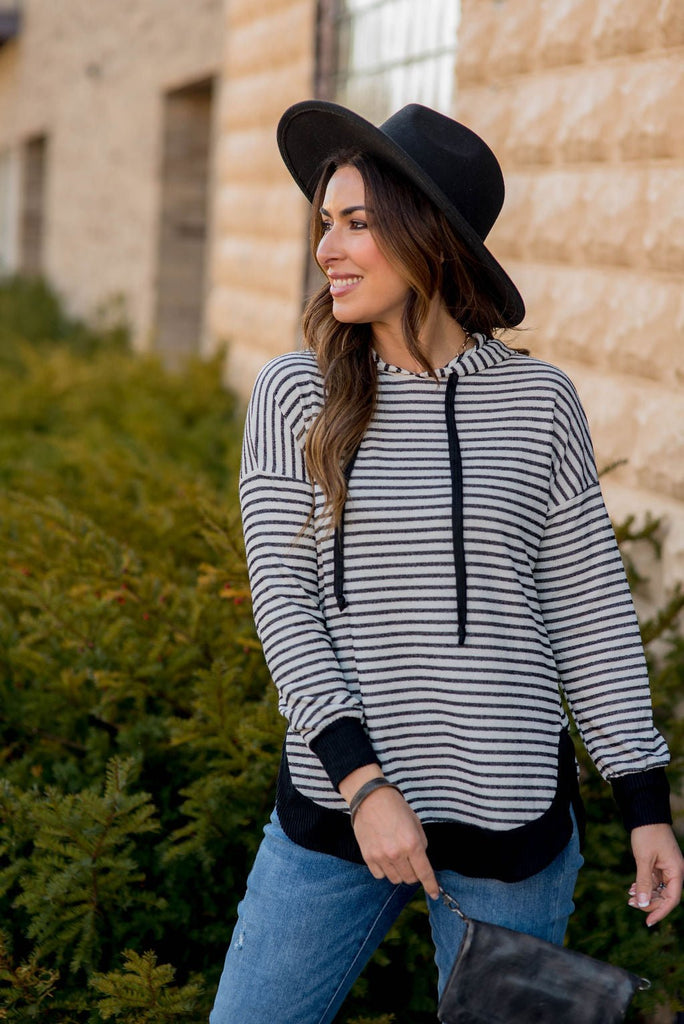 Striped Solid Trimmed Hoodie - Betsey's Boutique Shop - Shirts & Tops