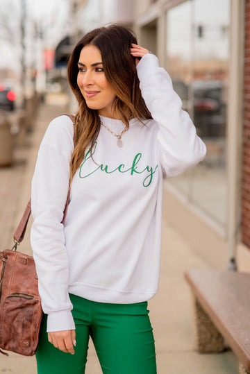 Cursive Lucky Graphic Crewneck - Betsey's Boutique Shop