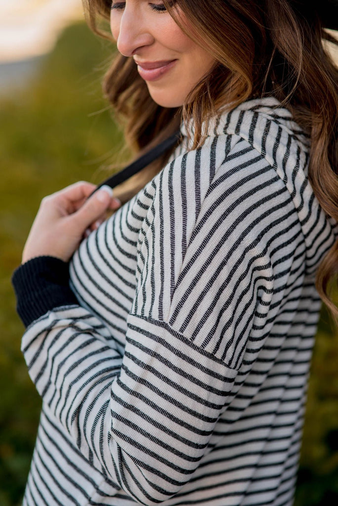 Striped Solid Trimmed Hoodie - Betsey's Boutique Shop - Shirts & Tops