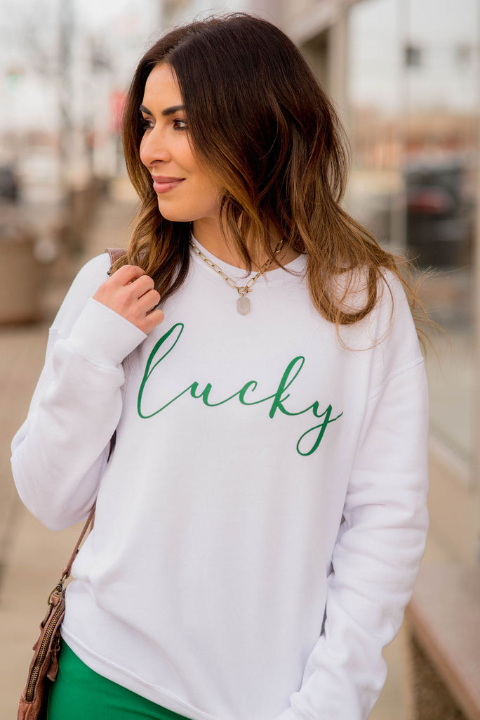 Cursive Lucky Graphic Crewneck - Betsey's Boutique Shop