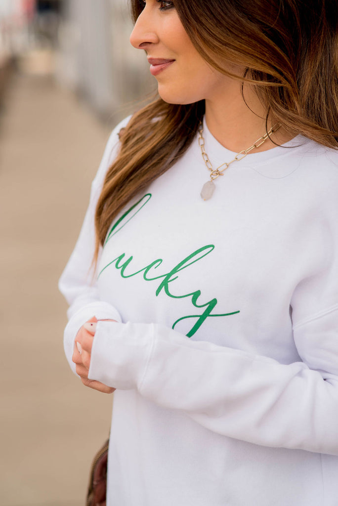 Cursive Lucky Graphic Crewneck - Betsey's Boutique Shop