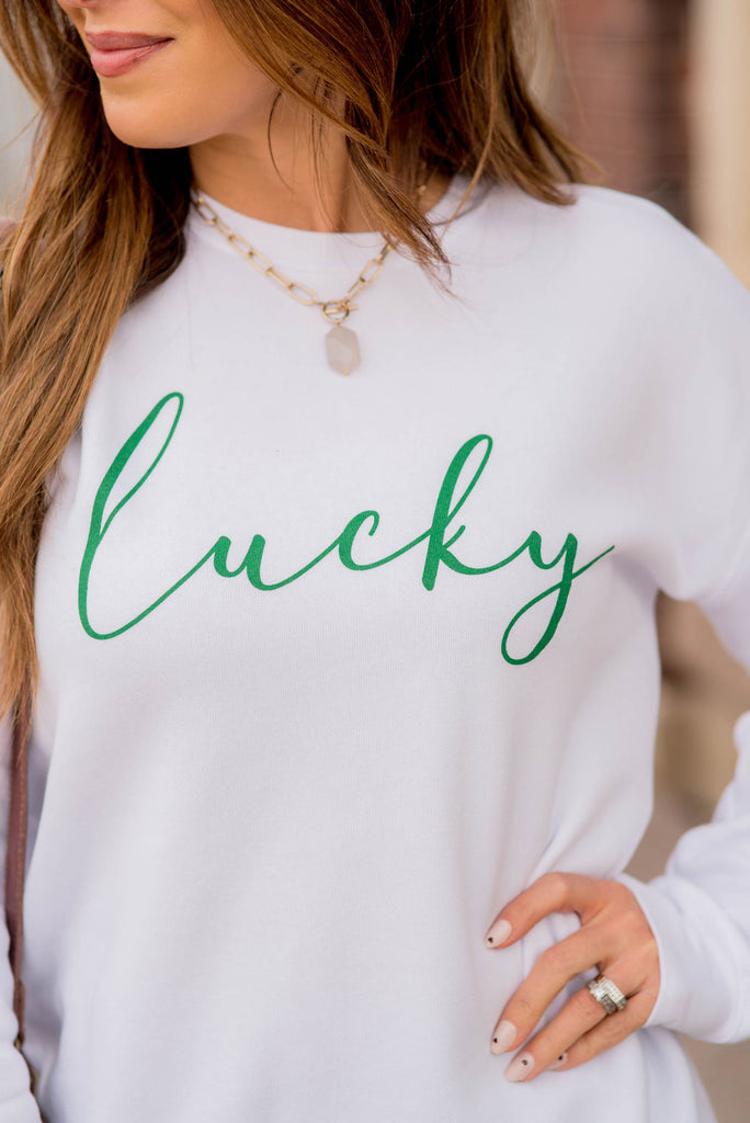 Cursive Lucky Graphic Crewneck - Betsey's Boutique Shop