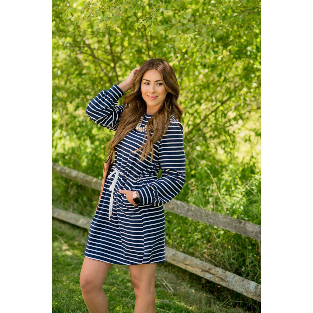 Stripe Tie Waist Pocket Sweatshirt Dress - Betsey's Boutique Shop - Dresses