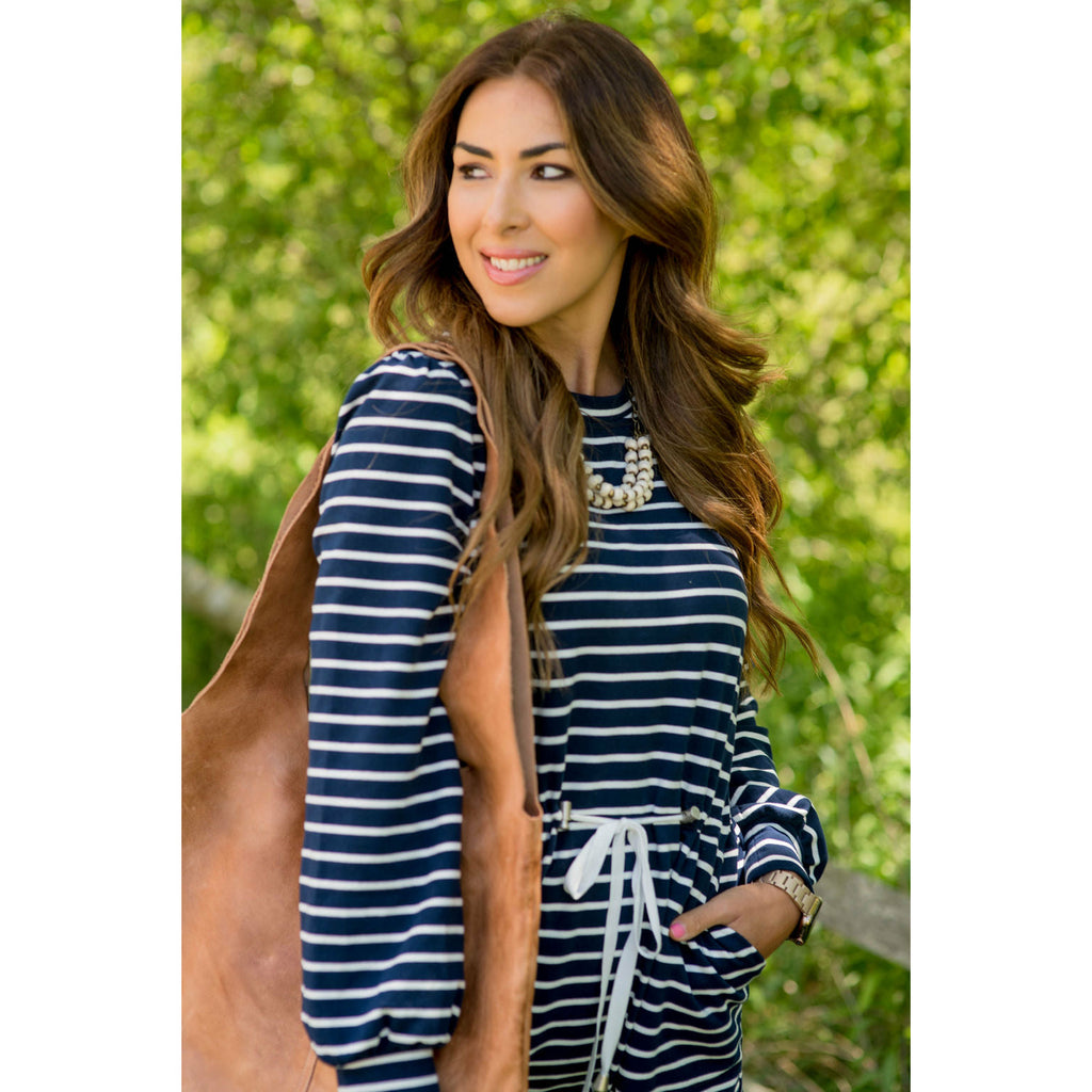 Stripe Tie Waist Pocket Sweatshirt Dress - Betsey's Boutique Shop - Dresses