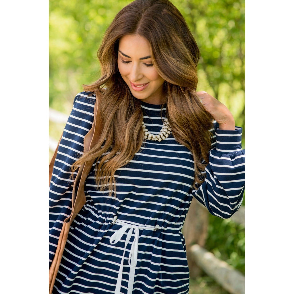 Stripe Tie Waist Pocket Sweatshirt Dress - Betsey's Boutique Shop - Dresses