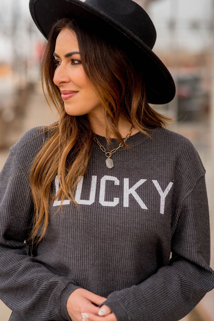 Lucky Ribbed Graphic Crewneck - Betsey's Boutique Shop