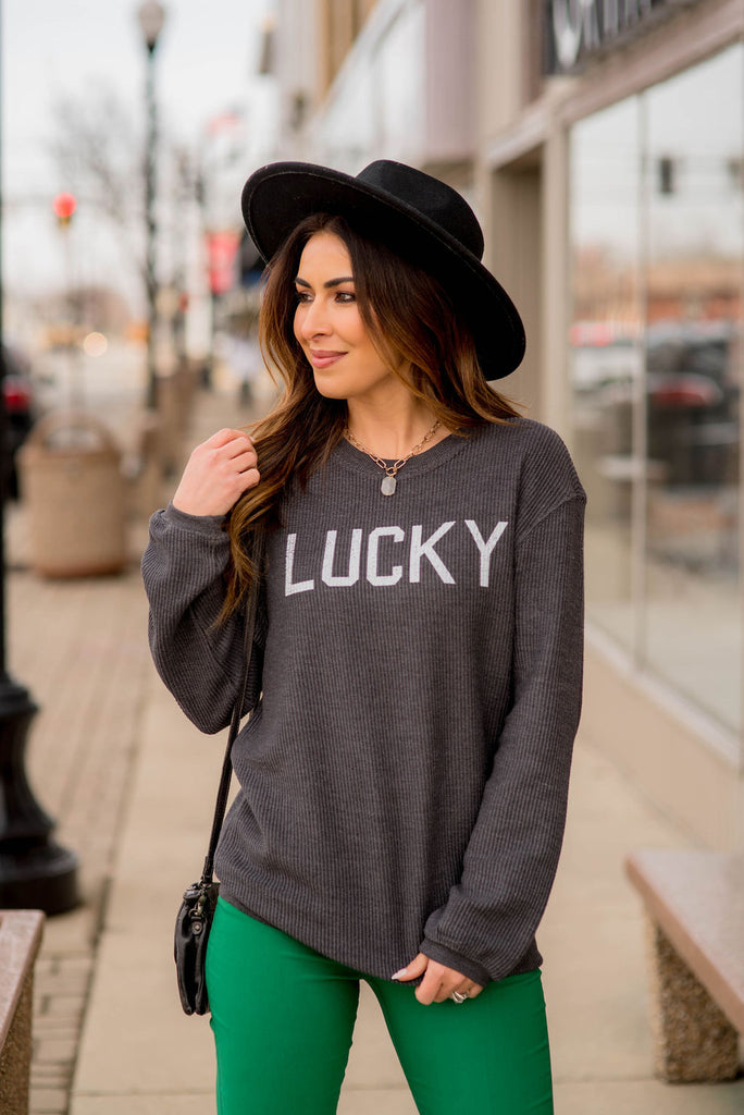 Lucky Ribbed Graphic Crewneck - Betsey's Boutique Shop