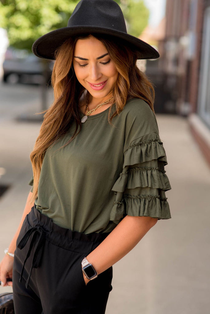 Half Sleeve Ruffle Down Tee - Betsey's Boutique Shop