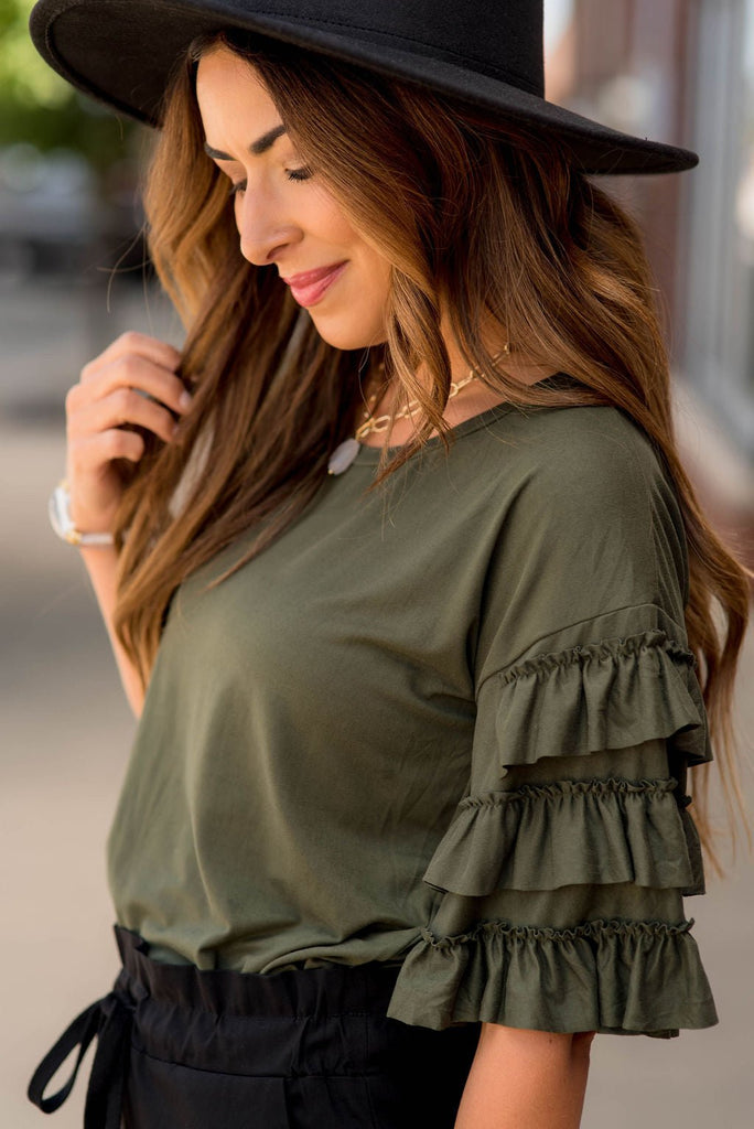 Half Sleeve Ruffle Down Tee - Betsey's Boutique Shop