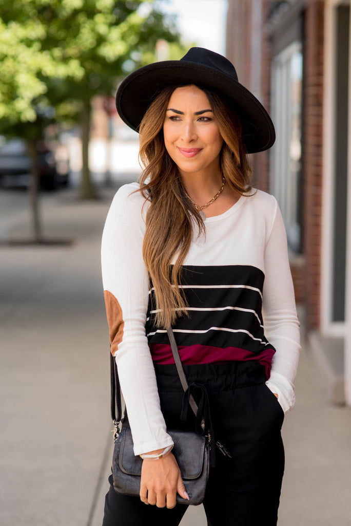 White/Striped/Solid Blocked Elbow Patch Tee - Betsey's Boutique Shop