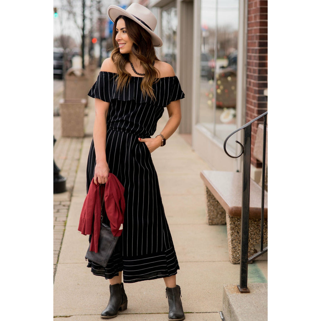 Off Shoulder Vertical Striped Jumpsuit - Betsey's Boutique Shop