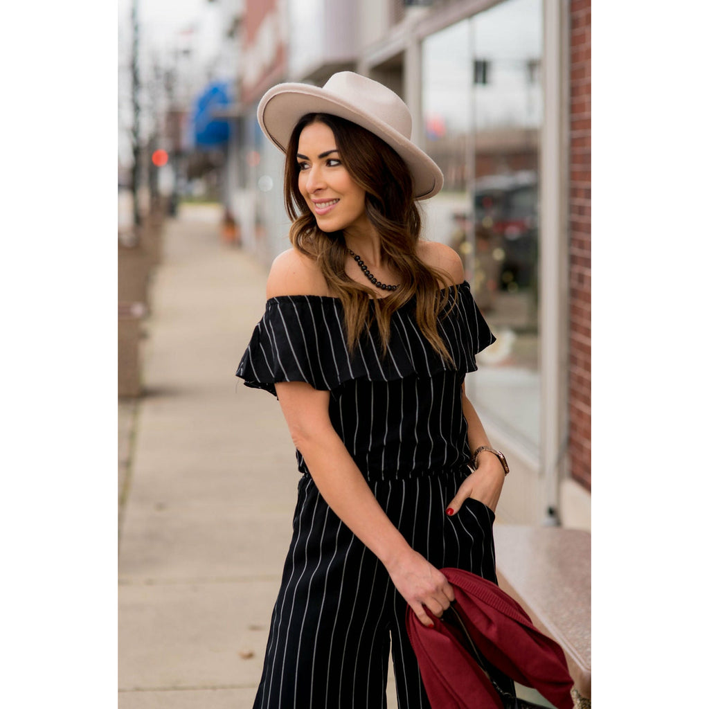 Off Shoulder Vertical Striped Jumpsuit - Betsey's Boutique Shop