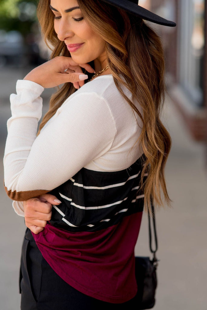 White/Striped/Solid Blocked Elbow Patch Tee - Betsey's Boutique Shop