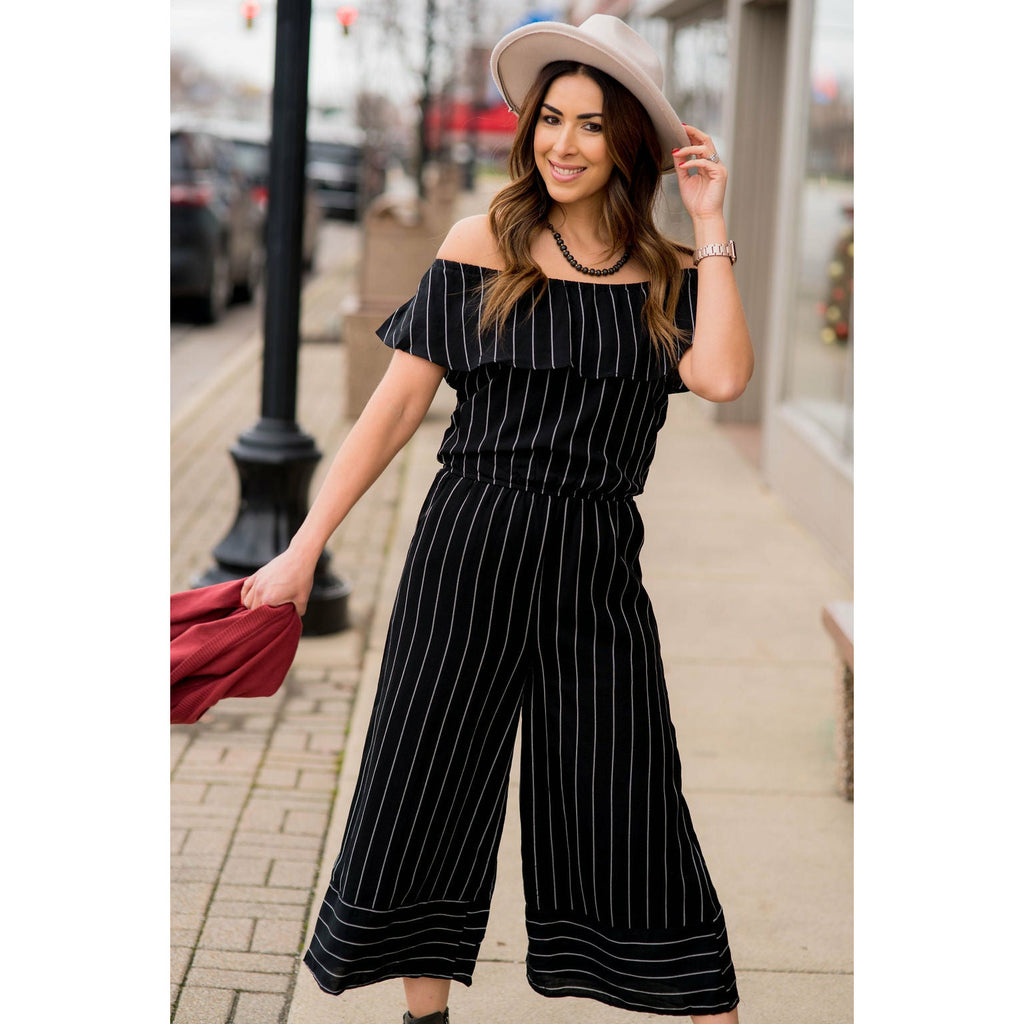 Off Shoulder Vertical Striped Jumpsuit - Betsey's Boutique Shop