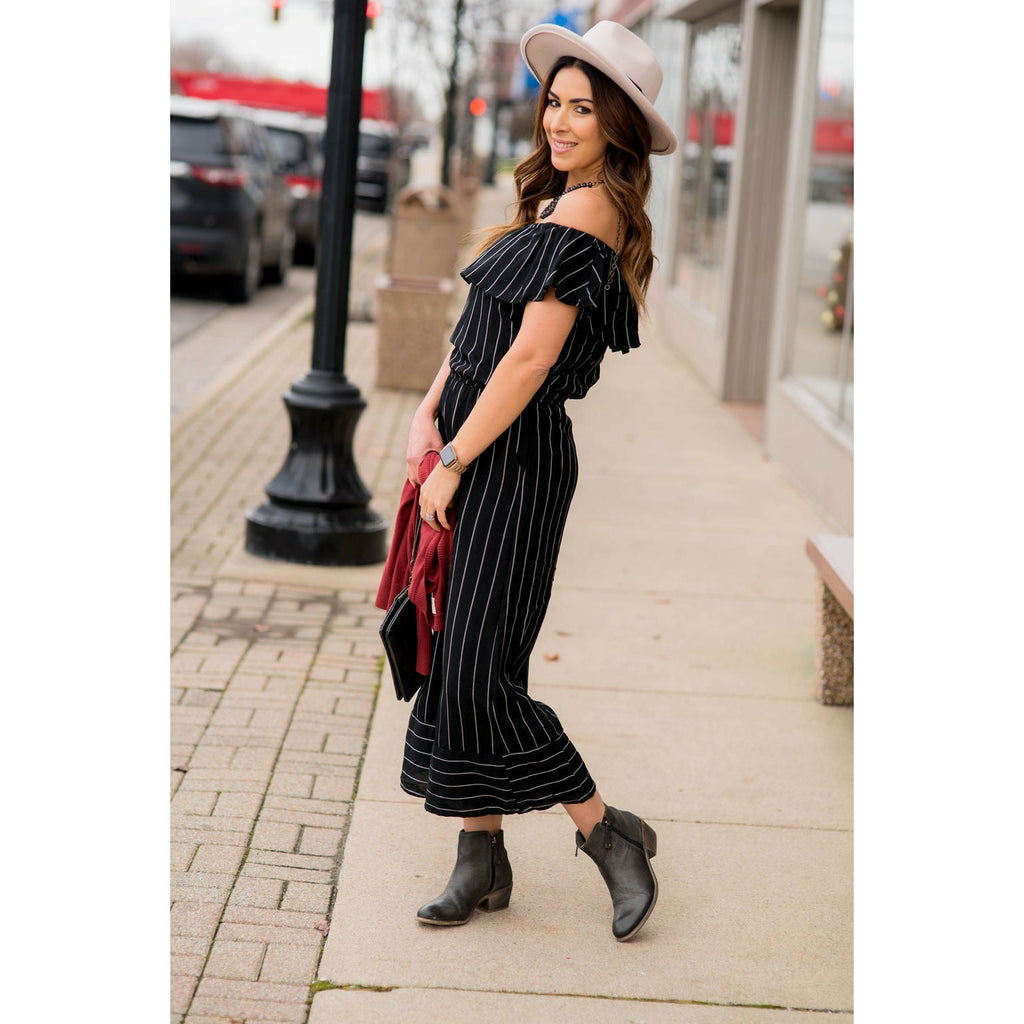 Off Shoulder Vertical Striped Jumpsuit - Betsey's Boutique Shop