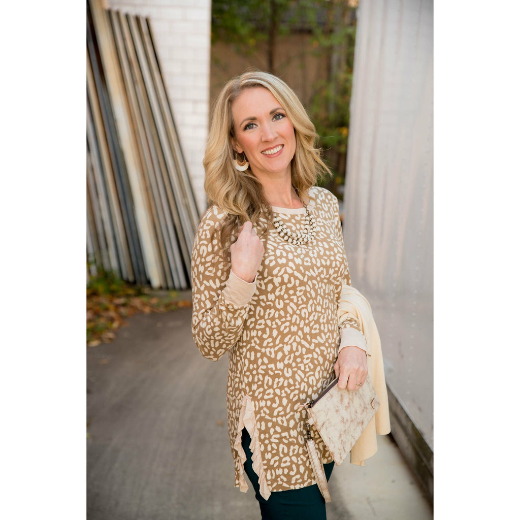 Leopard Long Sleeve Side Split Ruffle Tee - Betsey's Boutique Shop