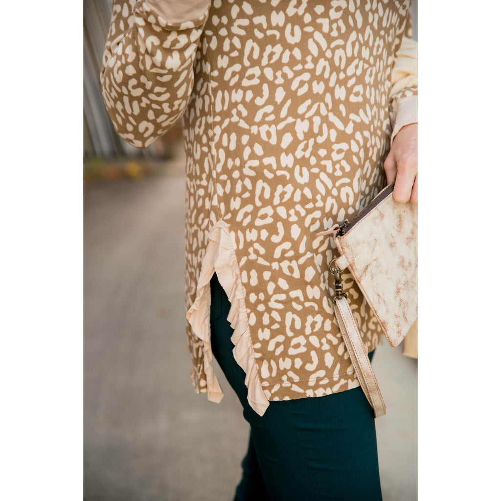 Leopard Long Sleeve Side Split Ruffle Tee - Betsey's Boutique Shop