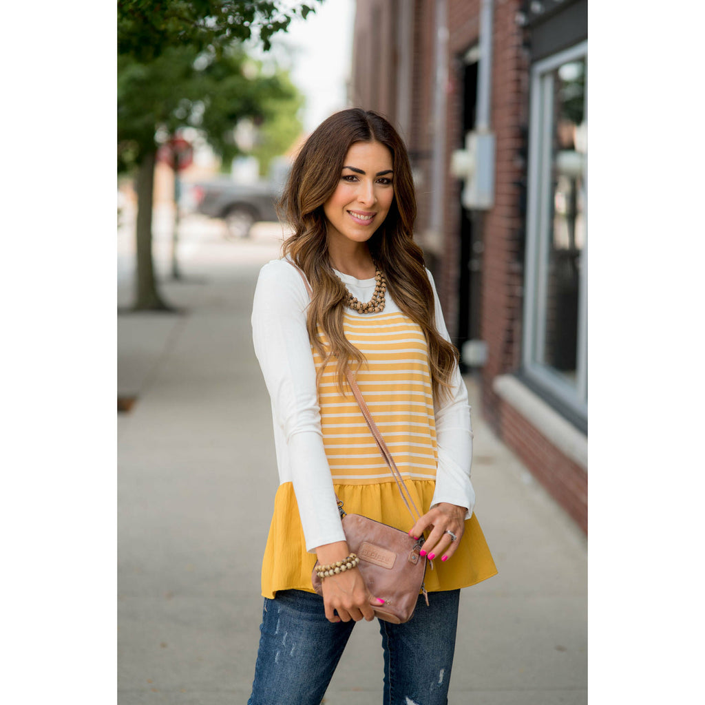 Striped Front Blouse Bottom Tee - Betsey's Boutique Shop