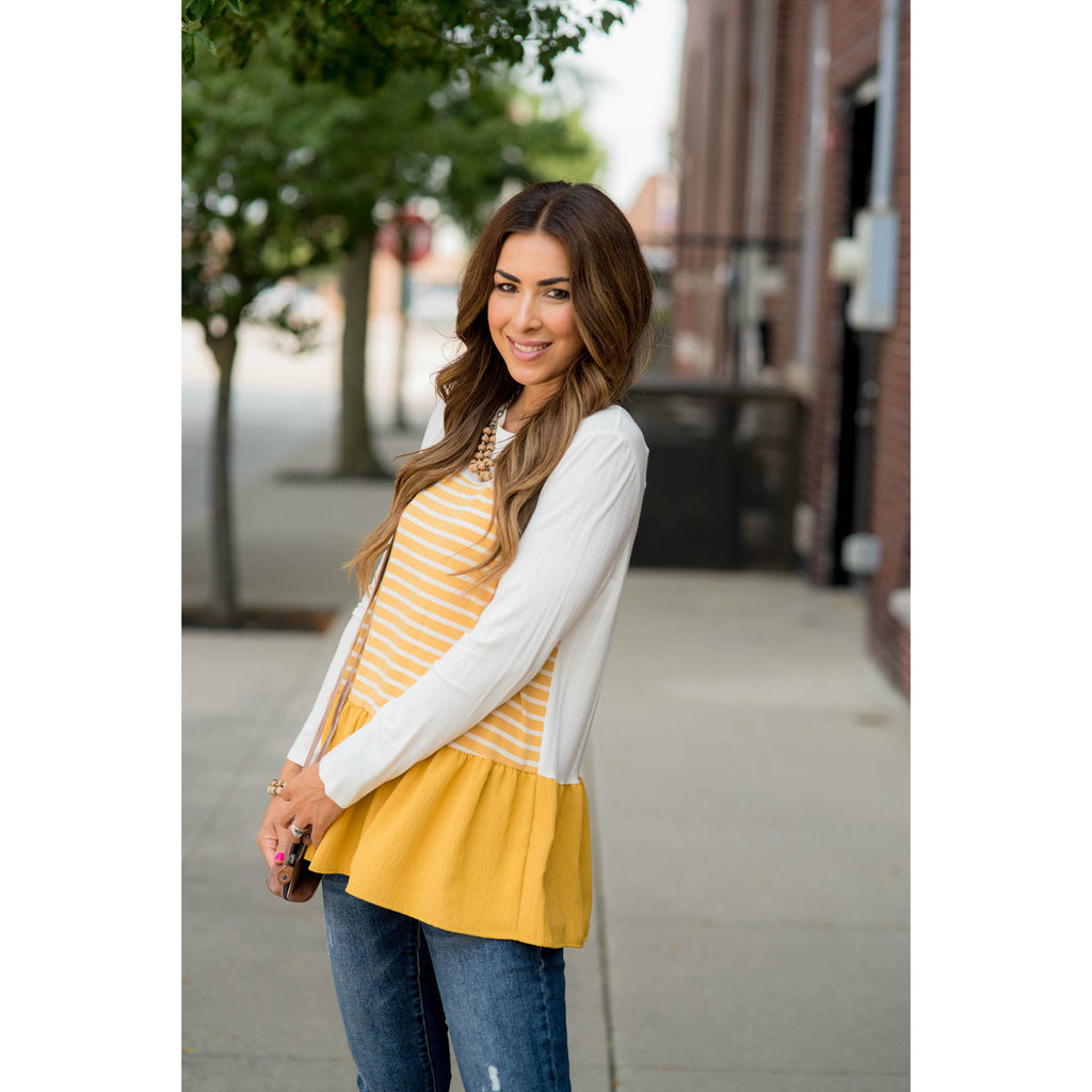 Striped Front Blouse Bottom Tee - Betsey's Boutique Shop