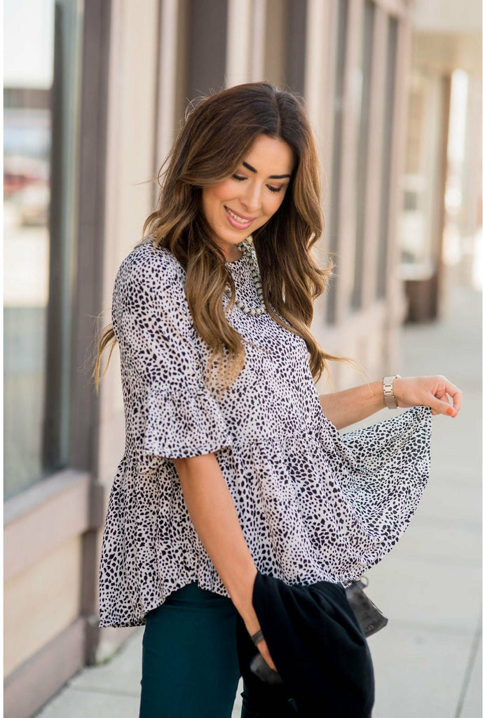 3/4 Bell Sleeve Printed Peplum Blouse - Betsey's Boutique Shop