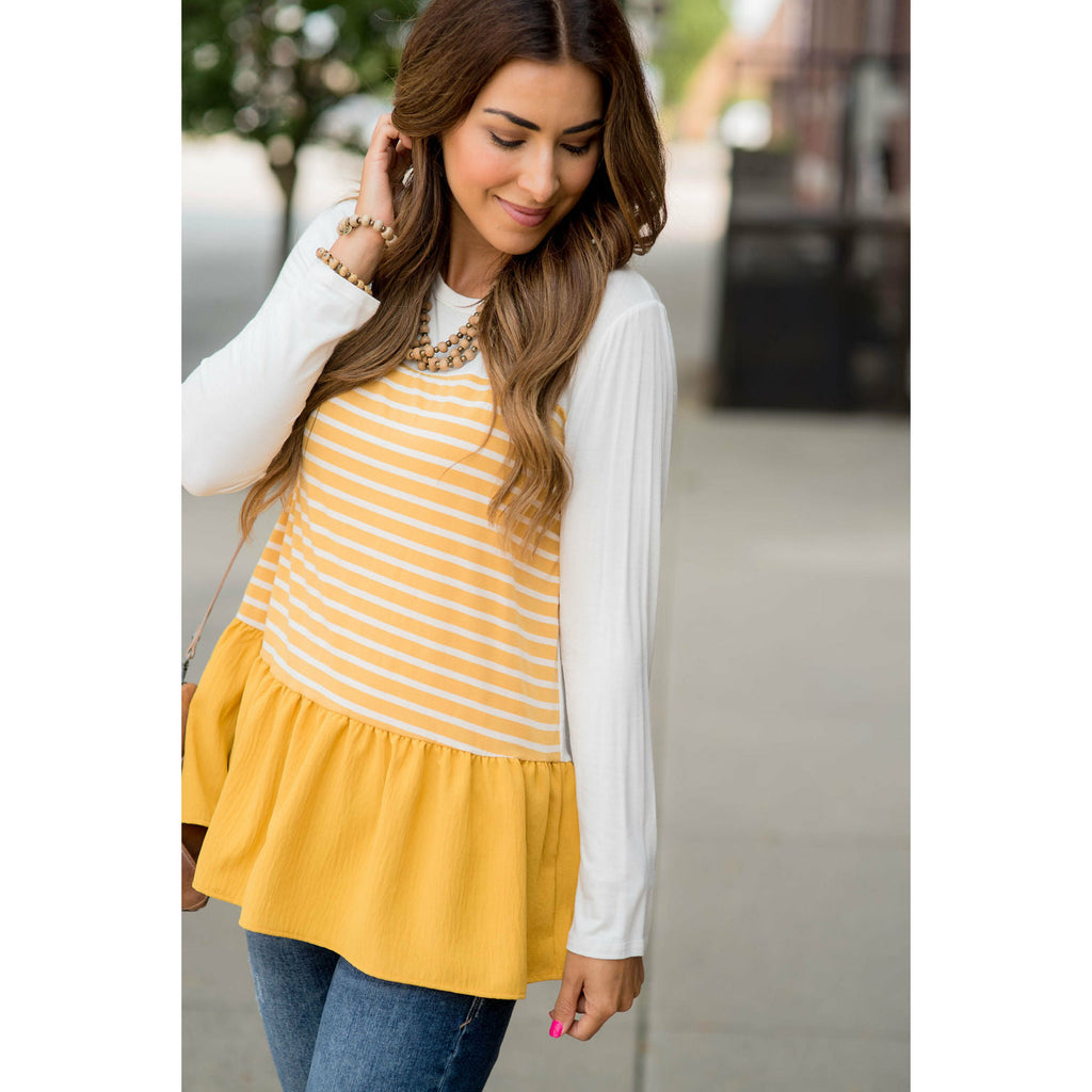 Striped Front Blouse Bottom Tee - Betsey's Boutique Shop