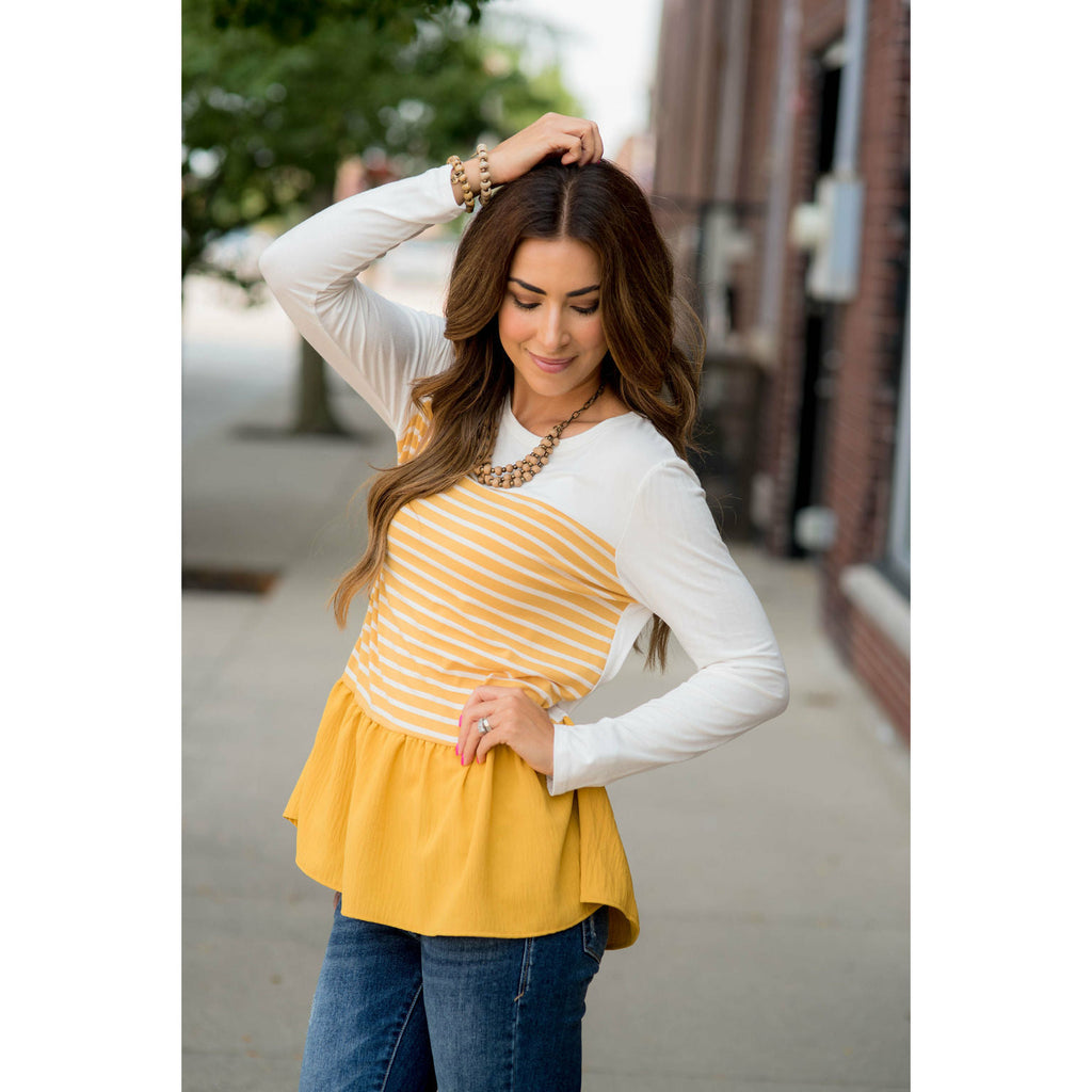 Striped Front Blouse Bottom Tee - Betsey's Boutique Shop