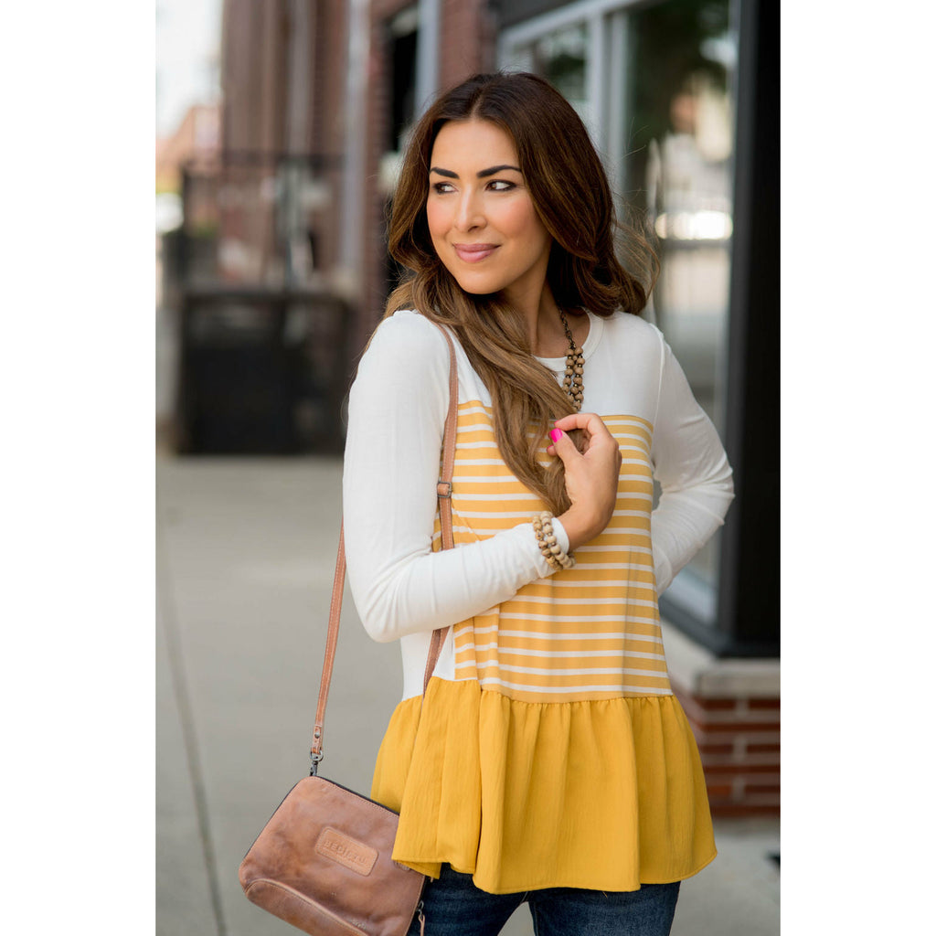 Striped Front Blouse Bottom Tee - Betsey's Boutique Shop