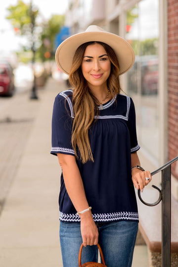 Stitched Trimmed Short Sleeve Blouse - Betsey's Boutique Shop