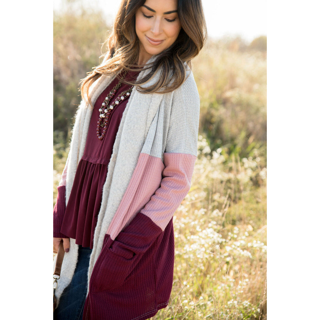 Pink/Burgundy Color Blocked Thermal Cardigan - Betsey's Boutique Shop