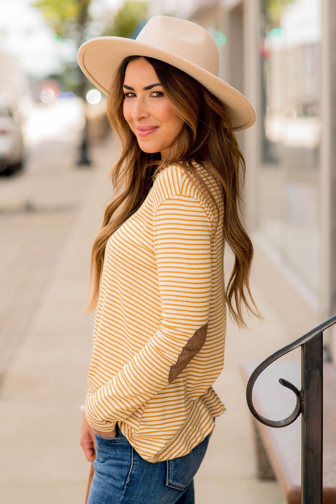 Striped Elbow Patch Long Sleeve Tee - Betsey's Boutique Shop