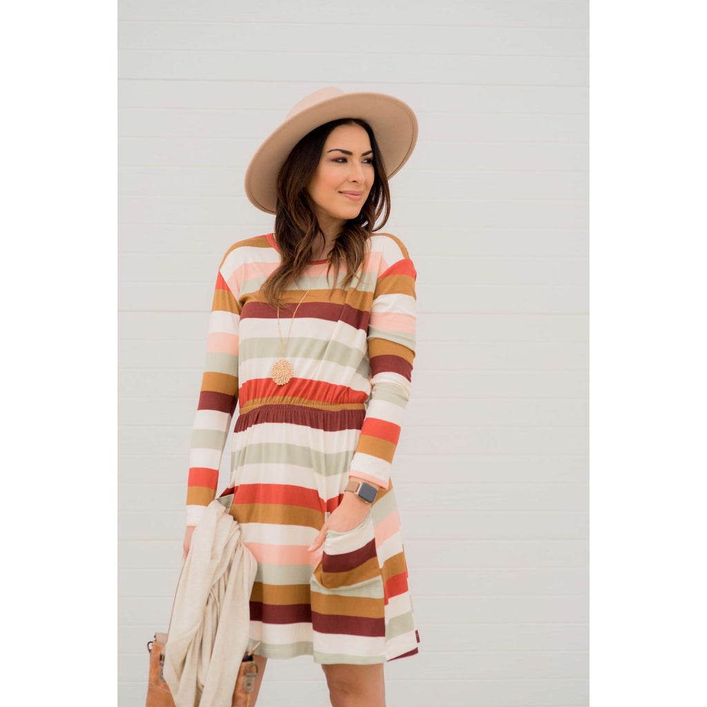 Striped Pocket Long Sleeve Dress - Betsey's Boutique Shop