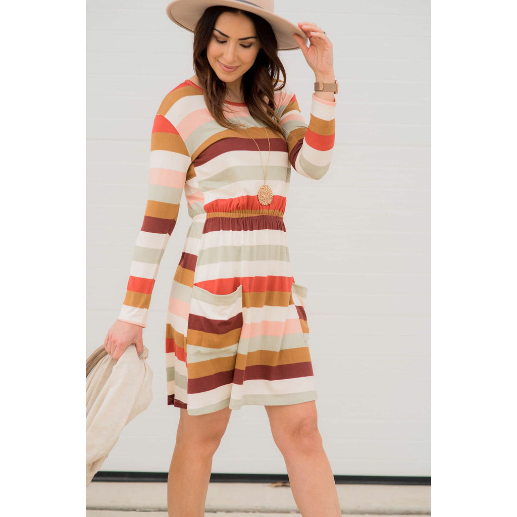 Striped Pocket Long Sleeve Dress - Betsey's Boutique Shop