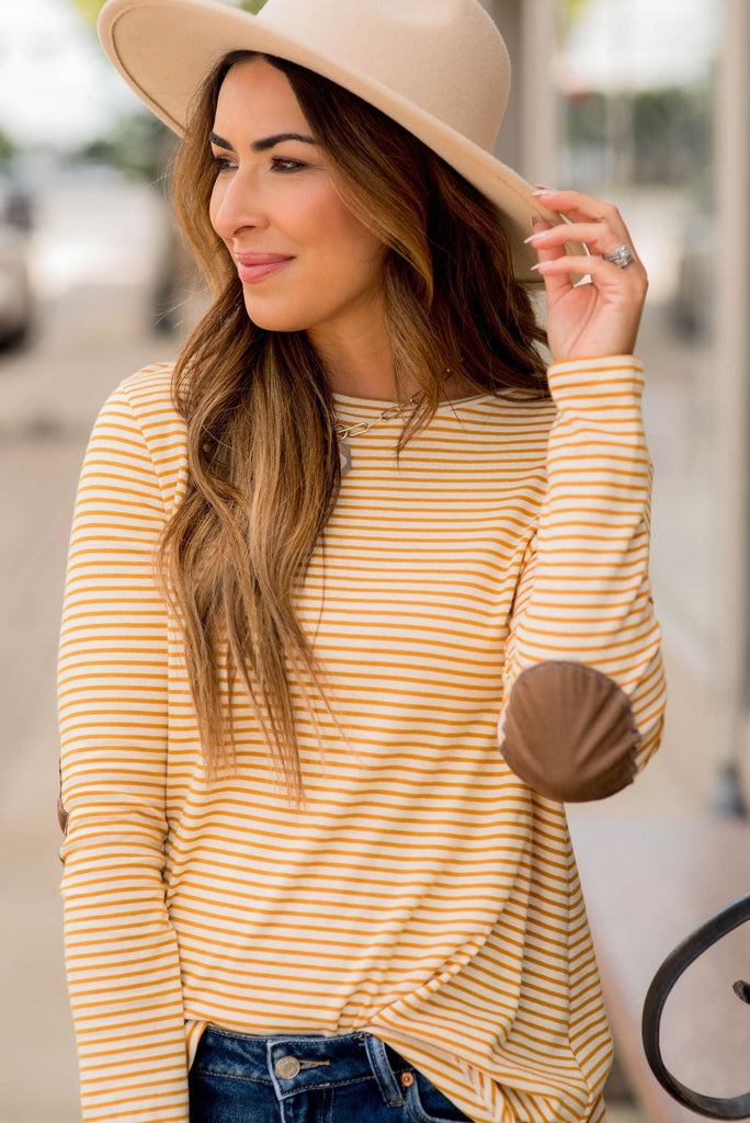 Striped Elbow Patch Long Sleeve Tee - Betsey's Boutique Shop