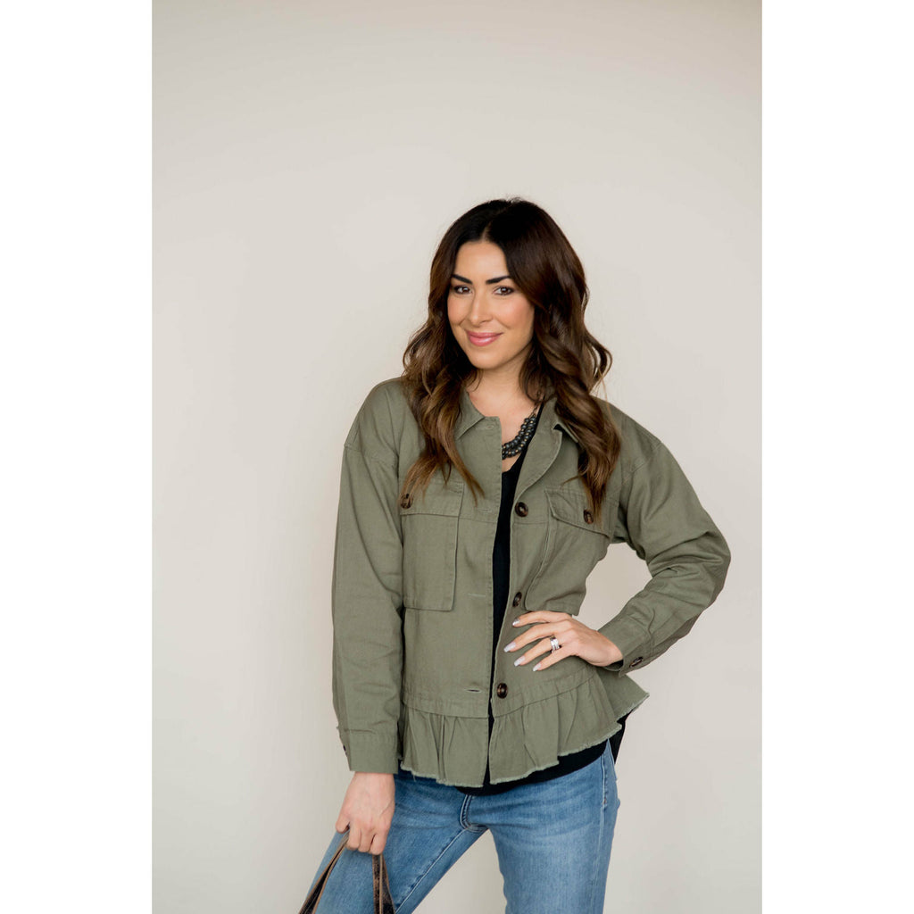 Ruffle Bottom Olive Green Jacket - Betsey's Boutique Shop